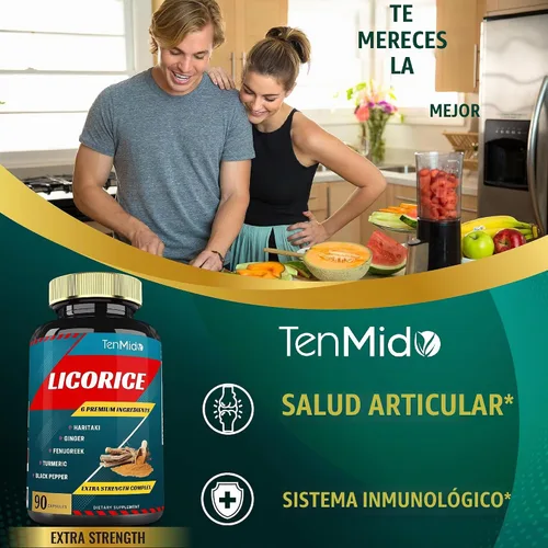 Vista 6 de Cápsulas de extracto de regaliz con cúrcuma, jengibre, fenogreco, haritaki, pimienta negra, función de digestión de apoyo, 90 cápsulas, suministro