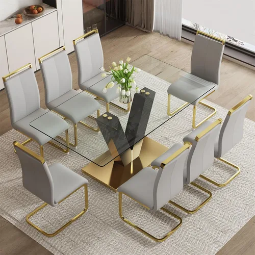 Vista 23 de Juego de mesa de comedor de cristal de 71 pulgadas para 4, juego de mesa de cocina moderno para 4, juego de mesa de comedor para el hogar