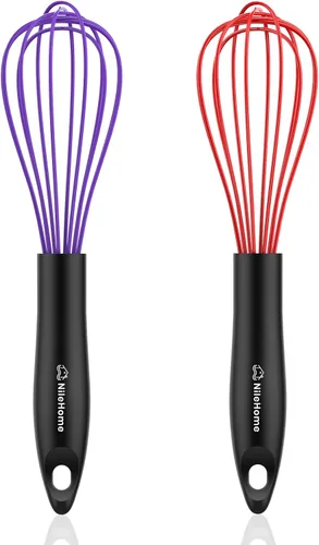 Vista 8 de NileHome Batidor de silicona de 10 pulgadas, batidor de cocina Wisk Wire para cocinar, batir, mezclar, batir, agitar, color negro