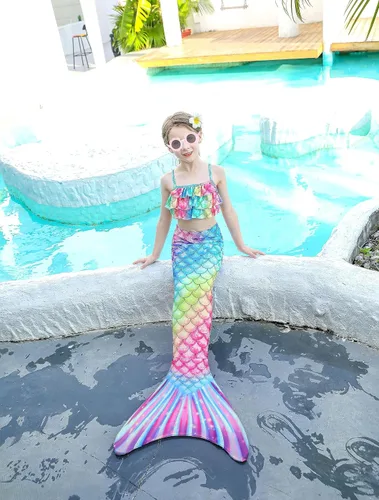 Vista 7 de DNFUN Colas de sirena para nadar para niñas, traje de baño de sirena con monoaleta