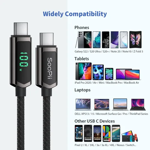 Vista 8 de SOOPII Cable USB C a USB C de 100 W, cable trenzado tipo C de nailon de 1 pie con pantalla LED para iPhone 15/15 Pro/15 Plus/15 Pro Max, MacBook