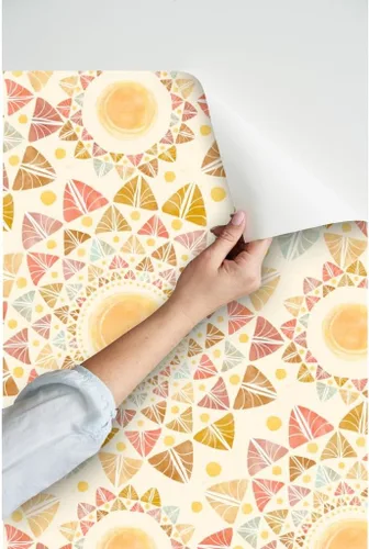 Vista 3 de Papel tapiz para despegar y pegar, acuarela hojas de sol, retro, geométrico, feliz sol, colorido, verano, papel tapiz extraíble personalizado por