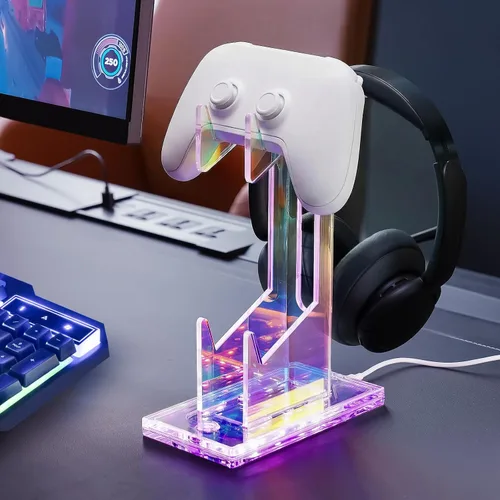 Vista 6 de NiHome Iridescent LED Lighting Acrylic Multi-Tier Game Controller Holder & Headset Stand, USB-Powered 7 Colors & 3 Modes, Anti-Slip Gaming