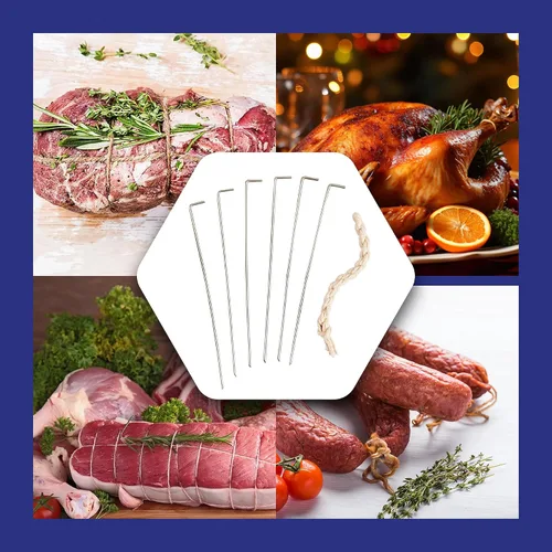 Vista 5 de HIC Kitchen Kit de lacer de pavo de vacaciones para asar, cordel de carnicero de algodón, pasadores de acero inoxidable reutilizables, para enroscar