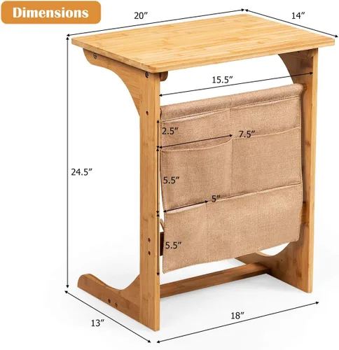 Vista 3 de Tangkula Bandeja de TV de bambú para sala de estar, mesa auxiliar de sofá, mesa auxiliar de aperitivos con bolsa de almacenamiento, mesa auxiliar