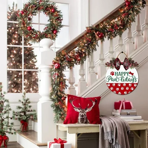Vista 3 de Decoración de puerta de Navidad con texto en inglés «Happy Pawlidays» para puerta delantera, corona de Navidad, letrero colgante de madera rústica M1