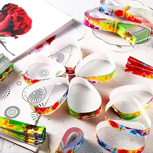 Vista 4 de Eersida 500 pulseras de papel para eventos de neón VIP Tie Dye Rainbow