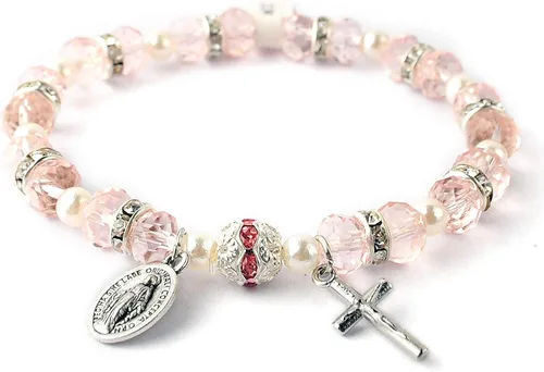 Vista 2 de HanlinCC Pulsera elástica con cuentas para mujer con crucifijo y medalla milagrosa