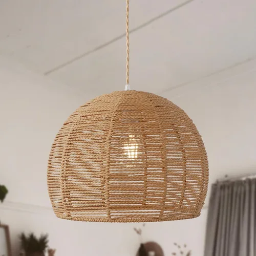 Vista 9 de Lámparas colgantes de ratán tejido de 6.7 pulgadas, paquete de 2 Toldo de madera de 6.7''+marrón