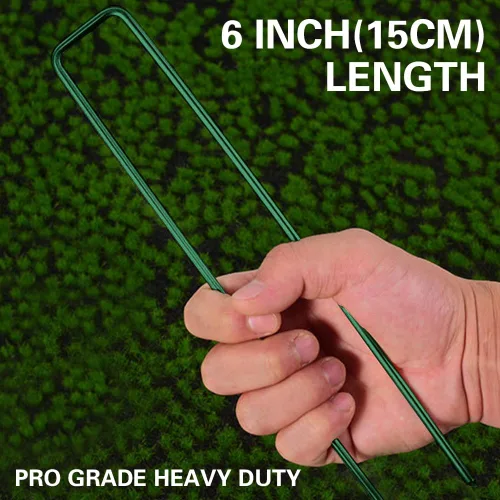Vista 7 de Bakulyor 50 piezas de grapas verdes para paisajismo de 15 cm, estacas de césped artificial para jardín, calibre 11, grapas galvanizadas para césped