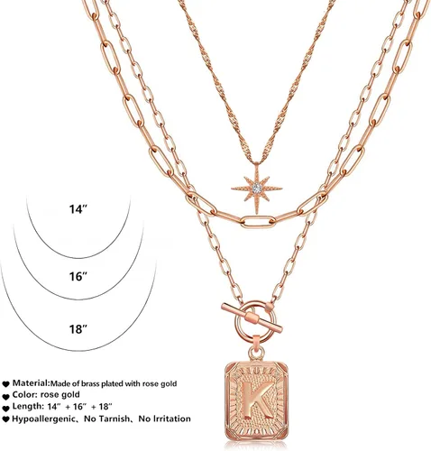 Vista 5 de MJartoria Collares con inicial en capas para mujer, a la moda, chapado en oro de 14 quilates, gargantilla de estrella simple, collar con dije