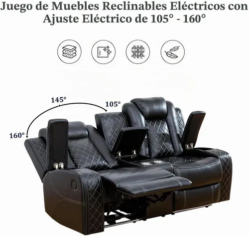 Vista 7 de Juego de sofá reclinable eléctrico, sofás reclinables de cuero negro, 3 piezas de sofá reclinable de cuero de aire y silla de dos plazas con luces