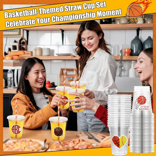 Vista 6 de Sieral 36 vasos de plástico de baloncesto de 12 onzas con tapas, popotes y calcomanías, desechables, transparentes, diseños deportivos