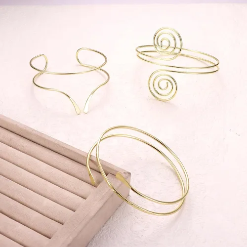 Vista 7 de FINREZIO 3 piezas de brazalete de brazo superior abierto brazaletes de brazalete simple espiral espiral brazalete conjunto de joyería Dia.3" Tono