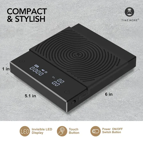 Vista 7 de Báscula de café TIMEMORE Black Mirror Basic 2 con temporizador, báscula de cocina de alta precisión de 2kg/0.1g, báscula de café expreso con función