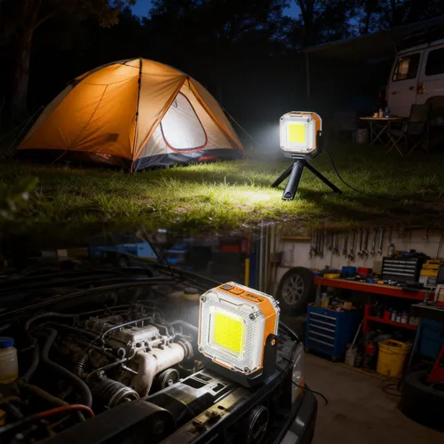 Vista 3 de Luz de trabajo recargable de 2000 lúmenes, linterna de campamento LED de doble cara de 8 modos con imán y trípode, luz de emergencia portátil
