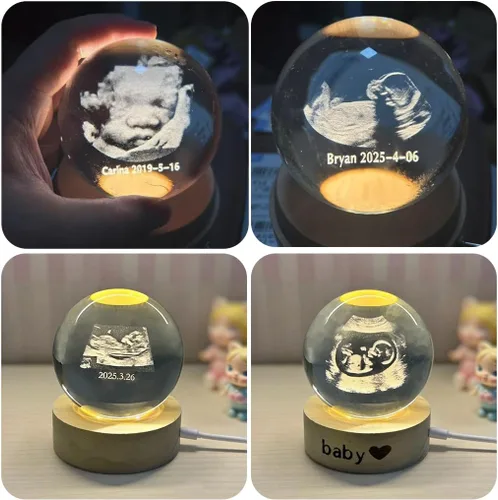 Vista 2 de Bola de cristal 3D personalizada con base de luz LED, luz nocturna de fotos personalizada y marcos de fotos, regalo único para baby shower, boda