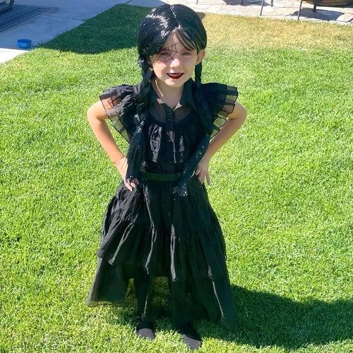 Vista 2 de Disfraz negro para niñas, niños, cumpleaños, Halloween, cosplay, vestido de fiesta negro
