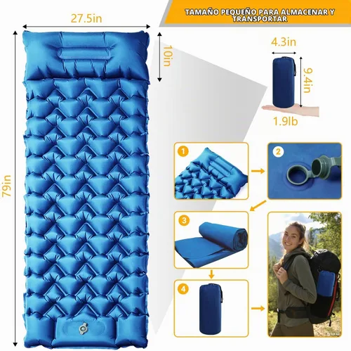 Vista 5 de Colchoneta para dormir, almohadilla de dormir compacta para acampar con almohada bomba de pie integrada, colchoneta inflable para viajes