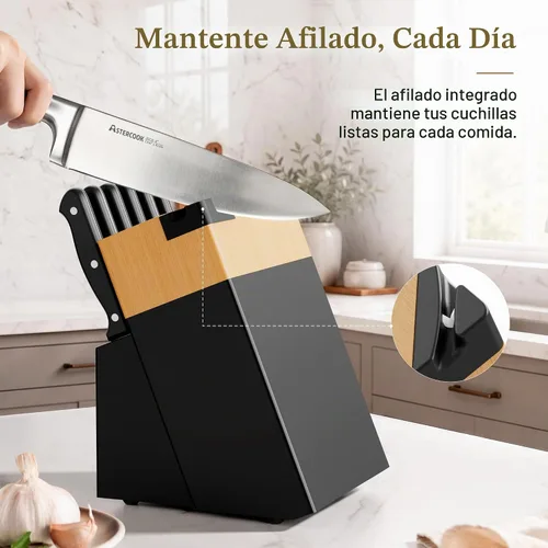 Vista 6 de Astercook Juego de cuchillos de cocina de espiga completa con bloque y Negro