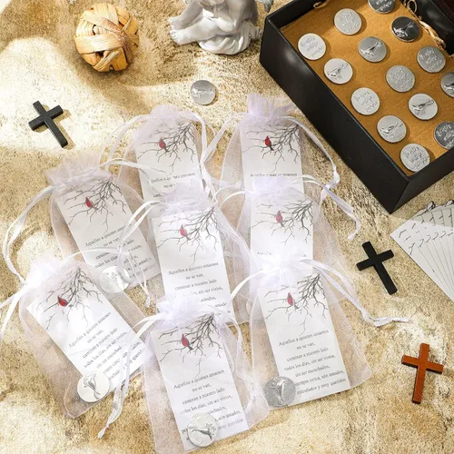 Vista 4 de El juego de 150 monedas de signo de ángel conmemorativo cardenal incluye ficha de bolsillo funeraria cardenal, tarjetas de poema y bolsas de organza