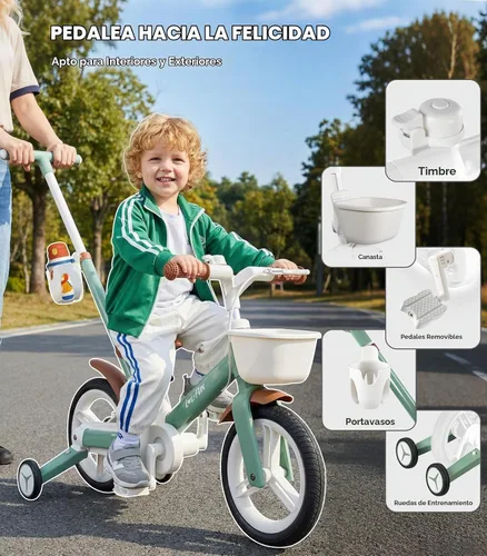 Vista 2 de Bicicleta de equilibrio 6 en 1 para niños pequeños con mango de empuje y Verde
