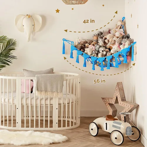 Vista 5 de TIDYTEDS Macramé DreamLights Hamaca de Red de Almacenamiento de Animales de Peluche Boho Extra Grande Soporte de Almacenamiento de Juguetes de Azul