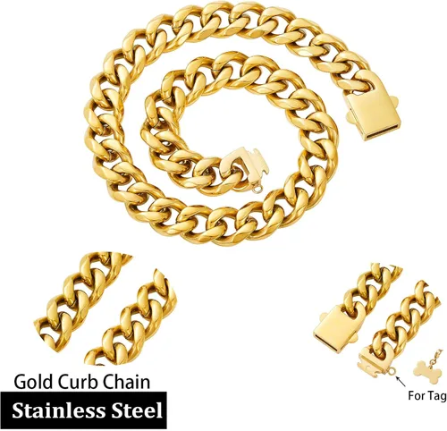 Vista 7 de SUNEW Collar para caminar con diseño de placa de identificación de perro con hebilla segura, collar de cadena de eslabones cubanos resistente a