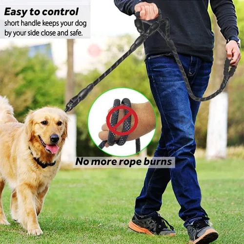 Vista 3 de JSXD Correa resistente de doble asa para perro, 5 pies, acolchada y reflectante, cuerda para perros pequeños a grandes (negro)