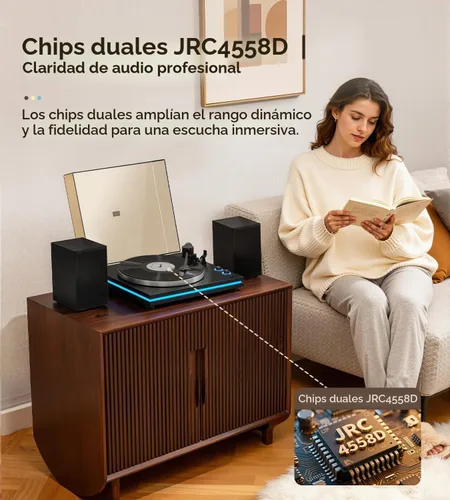 Vista 2 de Vangoa Tocadiscos de vinilo con altavoces estéreo de 40 W, cartucho magnético AT-3600L, placa de aluminio, luz azul, tocadiscos Bluetooth moderno