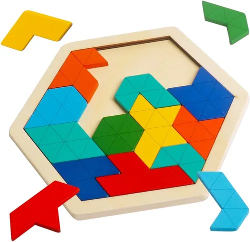 Vista 10 de Rompecabezas de bloques de madera para niños y adultos, rompecabezas de hexágono, juegos de rompecabezas de madera, juguete de forma