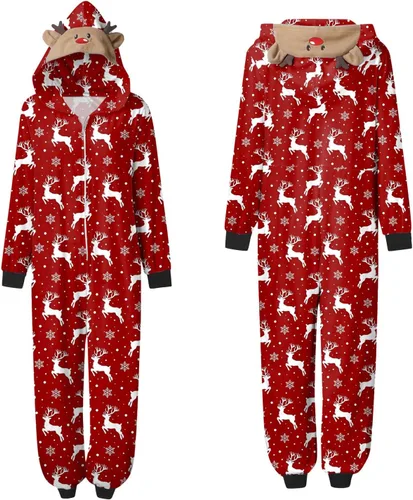 Vista 3 de Pijamas de Navidad 2023 para parejas, conjunto familiar a juego para parejas, mono con capucha, manga larga, pijamas de Navidad para las fiestas