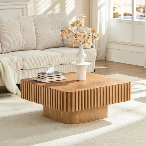 Vista 20 de WILLIAMSPACE Mesa de Café Redonda de 35.43" con Tablero de Piedra Sintética, Mesa Central Circular de Madera Moderna de Estilo Granja para la Sala