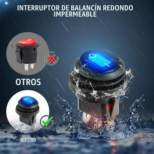 Vista 3 de Interruptor de palanca de 12 voltios, impermeable, 2 unidades, panel de interruptor basculante redondo con luz LED azul con 6 terminales de fusión