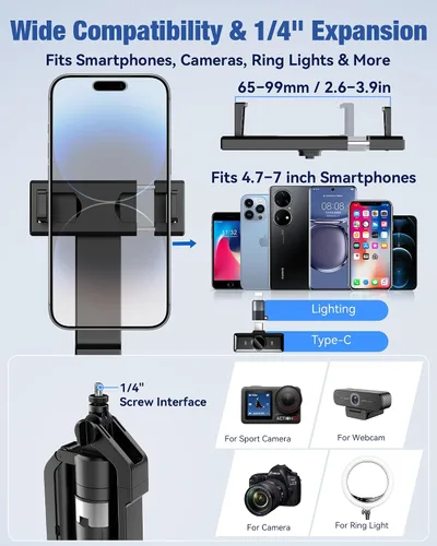 Vista 6 de Content Creator Essentials Kit de vlogging para iPhone/Android, trípode de seguimiento automático de cara de 71 pulgadas para iPhone con luz y Negro