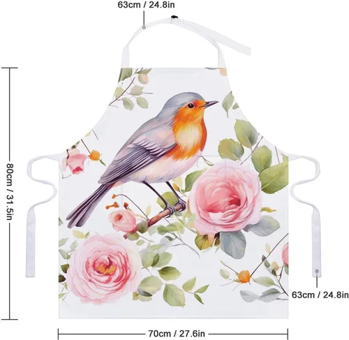 Vista 2 de Personalized Floral Print Watercolor Robin Bird Adult Apron, Kitchen Cooking Aprons for Woman Man, Adjustable Bib Apron with Pocket for Baking, BBQ