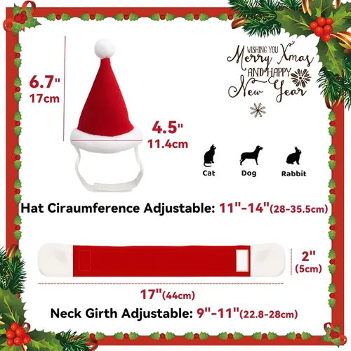 Vista 4 de Disfraz de Navidad para mascotas, perros pequeños, conejos, sombrero de gato de Papá Noel con bufanda roja, bufandas de sombrero de Navidad