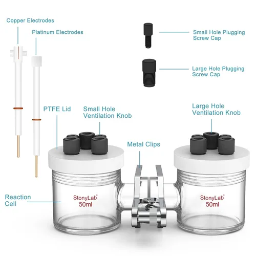 Vista 3 de stonylab Células electrolíticas tipo H, electrolizador de membrana de intercambio iónico reemplazable de borosilicato células electroquímicas