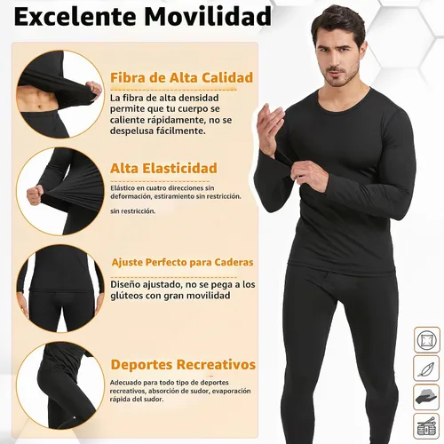 Vista 5 de UNIQUEBLLA Long Johns Conjunto de Ropa Interior Térmica para Hombre Capa Base Térmica para Clima Frío Parte Inferior y Superior 2set negro