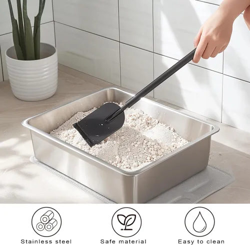 Vista 4 de Caja de arena de acero inoxidable para gatos grandes, acero inoxidable pequeño, caja de arena de metal grande para gatos, fácil de limpiar.