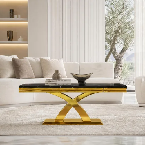 Vista 3 de AUZ Mesa auxiliar negra y dorada de 48 pulgadas, mesa central rectangular de lujo con base de metal pulido en forma de X para sala de estar, oficina