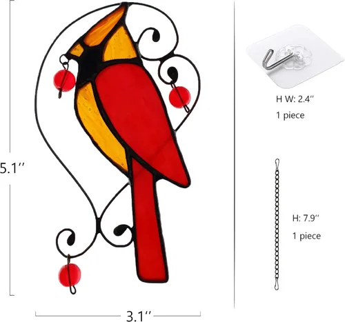 Vista 6 de Adorno de cardenal rojo de vitral colgante para ventana, adornos de pájaros atrapasueños para ventana, regalos de cardenal para abuela, mamá, regalo