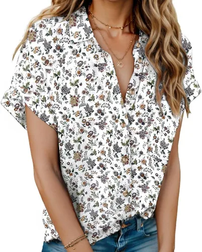 Vista 9 de HOTOUCH Camisas de Lino para Mujer con Botones Blusas de Manga Corta de Algodón Cuello en V con Cuello Tops de Gasa con Botones S-3XL