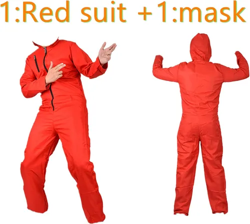 Vista 2 de Disfraz de carnaval para cosplay, overol rojo con capucha y máscara, disfraz de fiesta de Halloween