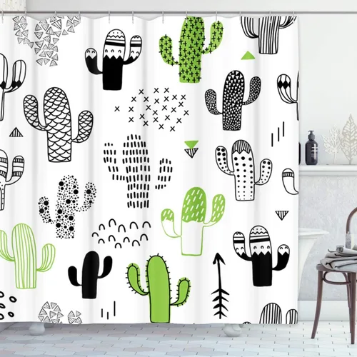 Vista 6 de Cortina de ducha negra del desierto lindo dibujado a mano con cactus hipster geométrico impermeable tela de poliéster 72 x 72 pulgadas, juego