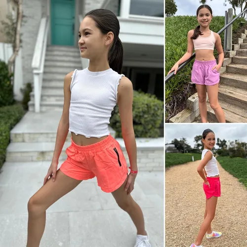Vista 3 de BIG ELEPHANT Pantalones cortos deportivos para niñas adolescentes con bolsillos de malla con cremallera para baloncesto, fútbol, correr, ciclismo
