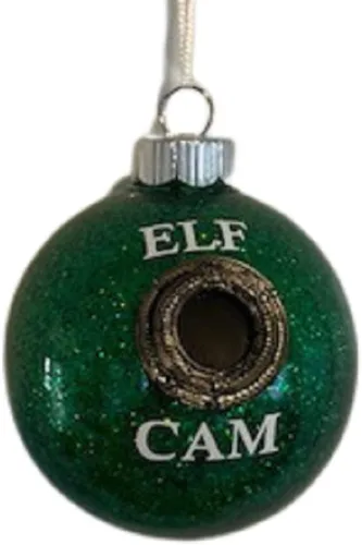 Vista 3 de Elf Cam - Bola de purpurina verde, adorno de Navidad para cámara falsa, adorno redondo para árbol de Navidad