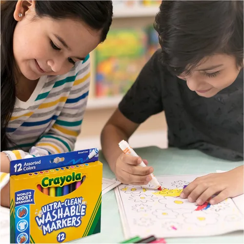 Vista 6 de Crayola Marcadores de línea ancha (12 unidades), marcadores lavables para niños, colores surtidos, suministros de arte y manualidades, para libros