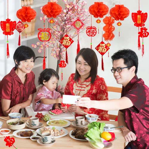 Vista 7 de Decoraciones de año nuevo chino, colgante de nudo chino, adornos colgantes rojos, colgantes Lucky Fu para Año Nuevo, árbol para el hogar, adornos