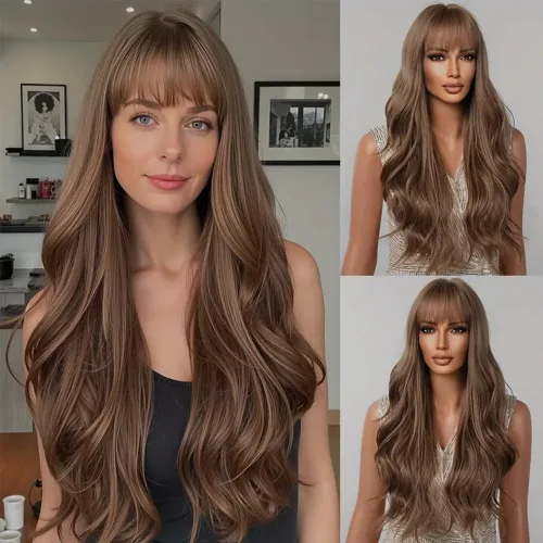 Vista 18 de QD-Tizer Pelucas sintéticas de color rubio ceniza con flequillo, pelucas de cabello largo y lacio, sin pegamento, pelucas sintéticas sin encaje